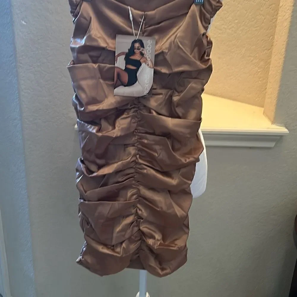 Naked Wardrobe Womens Small Ruched Midi Length Skirt Bronze Back Zipper NWT